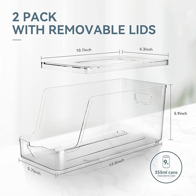 Soda Can Dispenser for Refrigerator with Lids, Stackable Drink Organizer for Fridge, Clear Plastic Refrigerator Organizer Bins, Beverage Can Holders for Pantry, Freezer, Kitchen, Cabinets Set of 1
