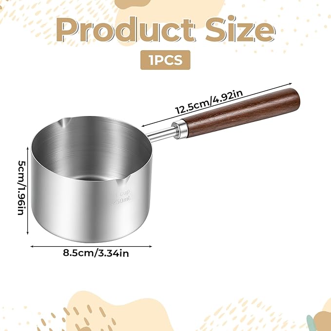 Mini Butter Warmer Stainless Steel Mini Pot 8.5 oz (250 ml) Minis Sauce Pan Cooking Pot Coffee Milk Warmer with Dual Spouts and Wooden Handle for Chocolate Butter Melting