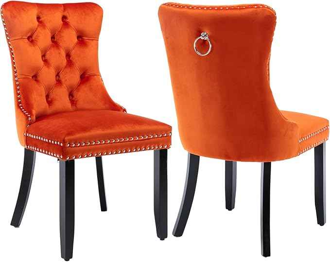 Velvet Dining Chairs Set of 2, Upholstered Dining Room Chairs with Back Ring Pull Trim and Solid Wood Legs,Tufted Wingback Kitchen Chair Perfect for Dining Room,Living Room,Kitchen(Orange)
