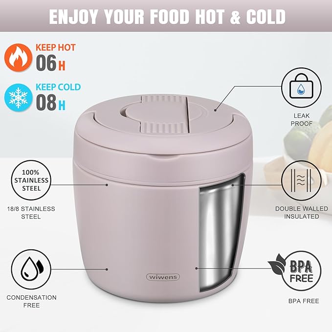 wiwens Thermo Food Jar for Hot Food Adults 32OZ Soup Thermo Lunch Containers Wide Mouth Vacuum Insulated Stainless Steel Leakproof Bento Box with Spoon (Purple)
