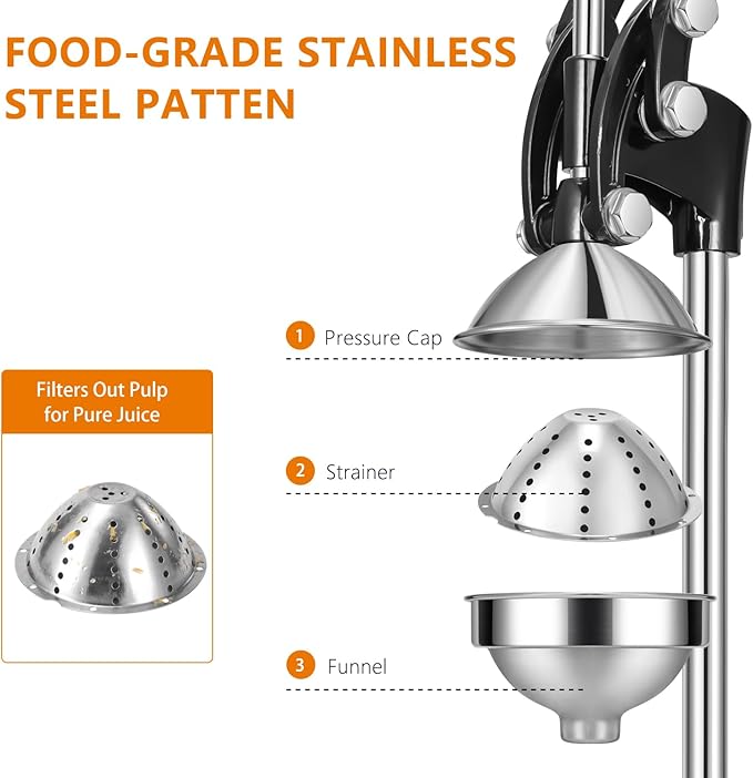 TONGCHANT Cast Iron Juicer, 19" Tall Heavy Duty Citrus Press with Dual Pattern | Manual Juicer for Orange Lemon Pomegranate, Easy to Clean, Stainless Steel Cup, Black