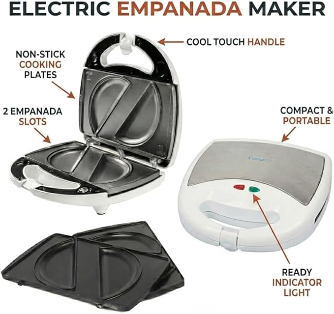 Electric Empanada Maker Machine w Dough Cutter & Nonstick Plates- Easier than Press & Molds- Homemade Latin Turnovers, Hand Pies, Dumplings, Stuffed Pastries w BONUS Churro Plates, Make Dessert & Apps
