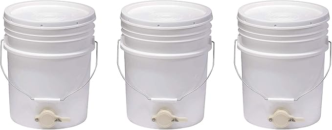 Little Giant 5 Gallon BKT5 Plastic Honey Extractor Bucket with Tight Fitting Lid and Honey Gate Tool for Beekeeping Harvesting, White (3 Pack)