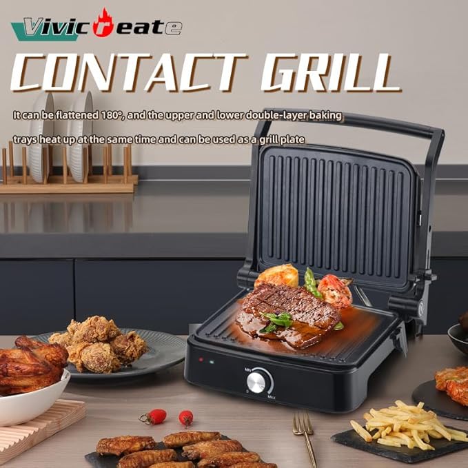 Vivicreate Panini Press Grill 1500W Sandwich Maker with Removable Nonstick Plates Adjustable Temperature 180 Degree Opening Indoor Electric Grill for Panini Sandwich Steak Burgers Breakfast (1 Knob)