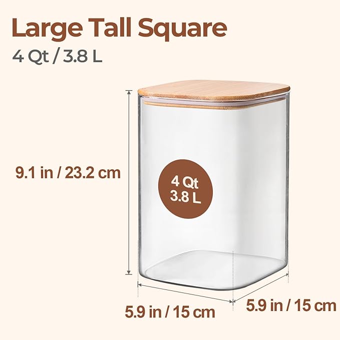 ComSaf 2Pcs Large Glass Storage Containers with Lids 4Qt, 1 Gallon Wide Mouth Flour Sugar Storage Containers, Large Capacity and Sealed for Rice, Cereal, Oat, Easy Clean and Scoop, Pantry Organization