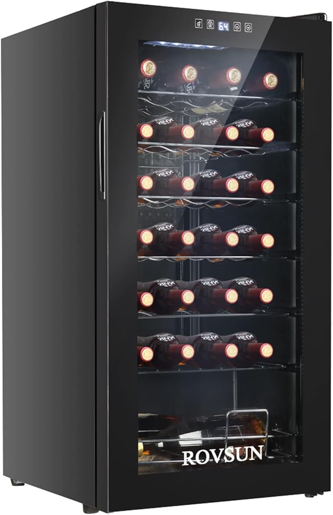 ROVSUN 28 Bottle Wine Fridge, Freestanding Compressor Wine Cooler Refrigerator, Beverage Wine Chiller with Digital Temperature Control & Double-layer Glass Door for Red White Wine, Champagne, Beer
