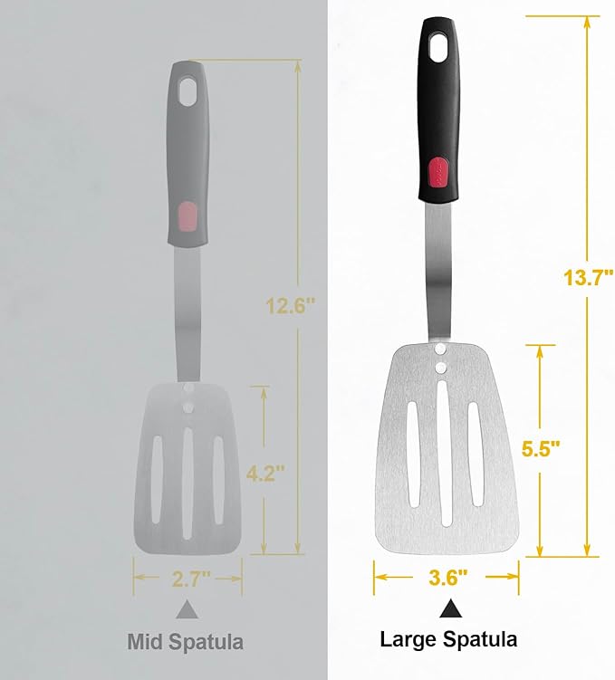 Stainless Steel Flexible Spatula Turner, Thin Slotted Metal Spatula for Cast Iron Skillet, Thin Blade and Heat Resistant Silicone Handle, Great for Egg, Cookie, Meat, Crep, Large