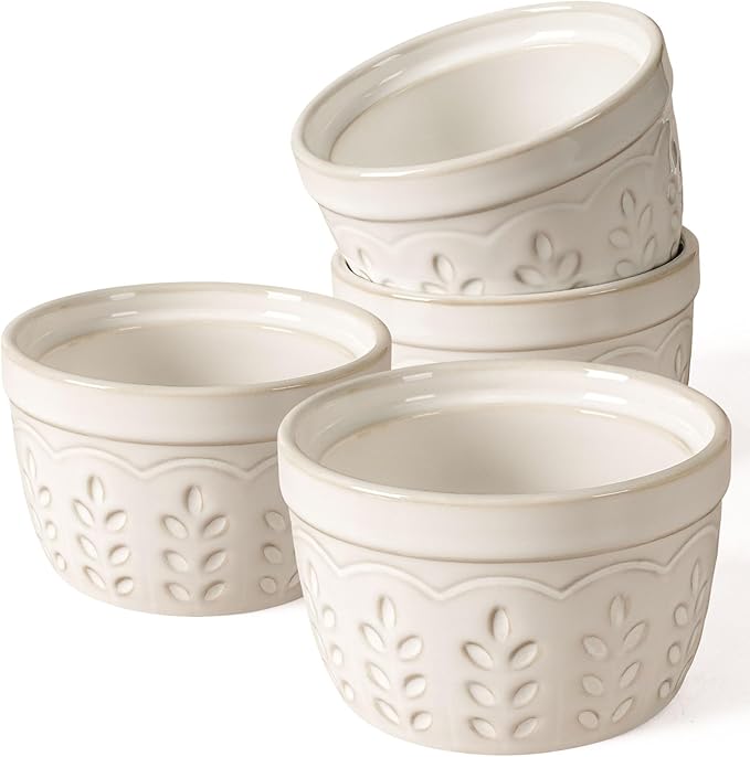 Artena Ramekins Oven Safe, Creme Brulee Ramekins, Embossed White Ceramic Souffle Pudding Custard Cups, Baking Dish, Dipping Bowls, Sauce Cups, Set Of 4 (Wheat Leaf, 8 oz)