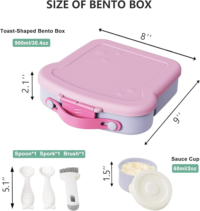 Bento Lunch Box for Kids - Toast-Shaped 4-Compartment Lunchable Food Container with Sauce Cup, Utensils & Brush, BPA-Free, Reusable Snack Container with lid, Ideal for School & Travel - Purple