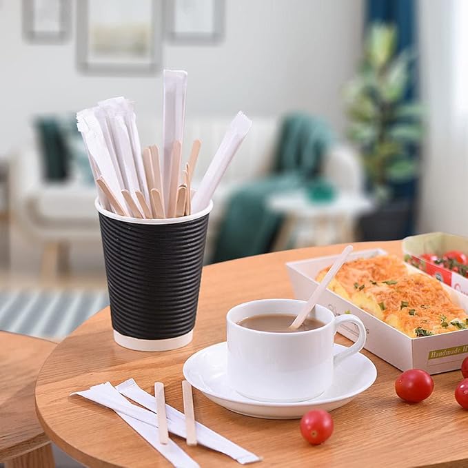 MFJUNS 500pcs Individually Wrapped Coffee Stirrers Wood - 7" Coffee Stir Sticks, Round End Disposable coffee stirrer, For Coffee, Cocktail and Hot Drinks