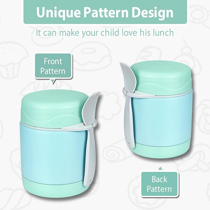 10oz Soup Thermo for Hot Food Kids,Lunch Thermo Kids Food Jar with Spoon Hot Insulated Food Containers,Leak Proof Stainless Steel Wide Mouth Lunch Thermo Jar for School(Mint-Green)