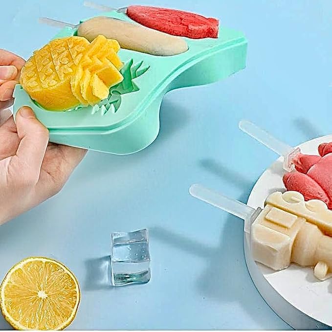 4 PCS Cute Silicone Ice Cube Mold Set For Toddlers and Kids, BPA-Free Food Grade Ice Tray, Homemade Frozen Popsicle Maker Mold (4 PCS（fruit*1+dinosaur*1+airplane*1+car*1))