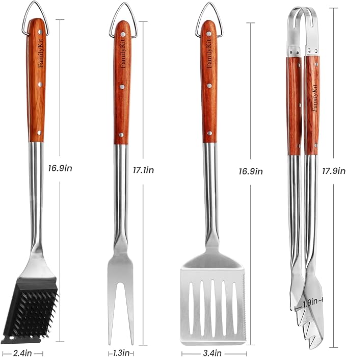 4PCS Grilling Accessories Rose Wooden BBQ Grilling Tools Set, Heavy Duty Stainless Steel Barbecue Grill Tools Kit with Spatula, Clips, Brushes, Forks for Outdoor Grill, BBQ Gift for Men and Women