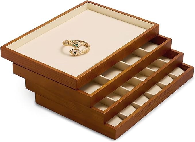 Oirlv Wood 24 Grids Jewelry Tray with Removable Inserts Jewelry Pads Necklace/Pendant Display Organizer Tray(Creamy-white)