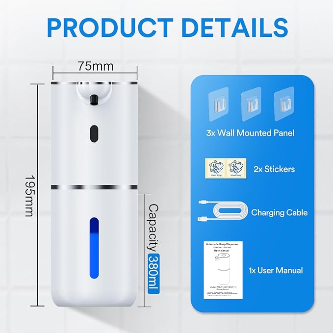 Automatic Foaming Soap Dispenser Touchless, Rechargeable Electric Hand ＆ Dish Soap Dispenser for Bathroom and Kitchen - Smart Digital Display, 6 Adjustable Level, 380ml, Wall Mounted, IPX5
