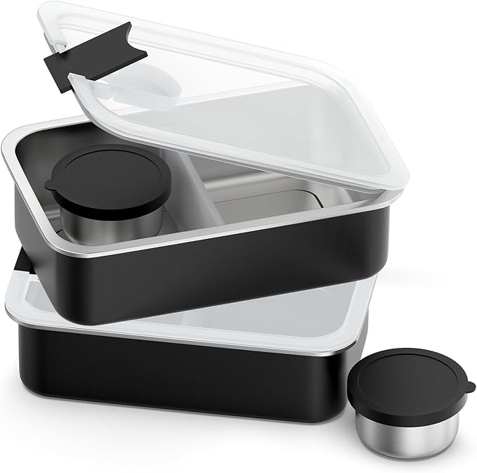 Bakpoco Stainless Steel Bento Lunch Box for Adult Kids, 2 Pack 33oz Leak-Proof Lunch Box Containers, Microwave-Safe, with Adjustable Divider, Convenient Metal Lunchbox for School, Travel
