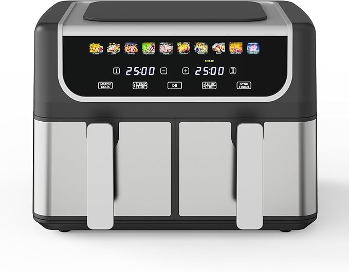 NEWBULIG Dual Air Fryer with 2 Baskets 9.5 QT, 10 in 1 Large Air Fryers with Ceramic Crisper Plate, Match Cook, Sync Finish, Shake Reminder, 80-450°F Wide Temp, Roast, Defrost, Dehydrate, Bake, Black