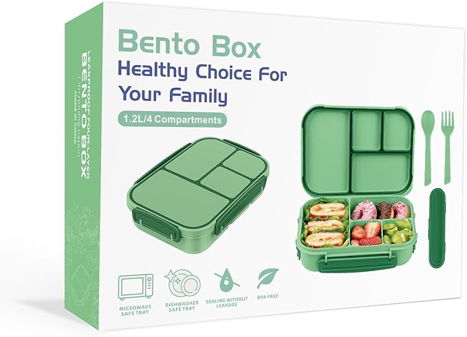 Amathley Lunch Box Kids,Bento Box Adult,Leakproof Lunch Containers for Adults/Kids/Toddler,1200ML-4 Compartments bento Lunch box with Utensil,Microwave & Dishwasher & Freezer Safe (Cyan)