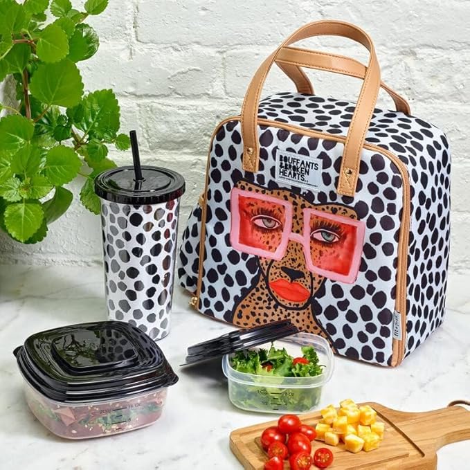 Fit & Fresh Lunch Bag For Women, Insulated Womens Lunch Bag For Work, Leakproof & Stain-Resistant Large Lunch Box For Women With Containers, Tumbler and Ice Pack, Zipper Closure Glam Cat