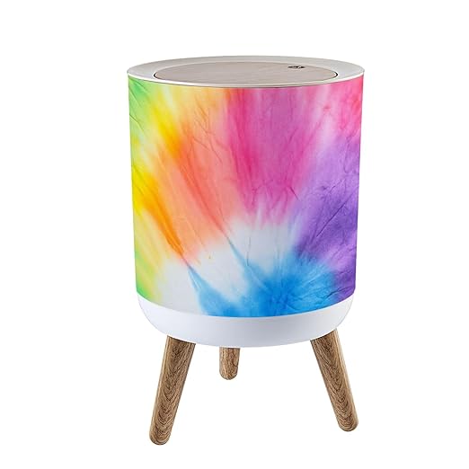 Trash Can with Lid Dye Shibori Trendy Aquarelle Dye Colorful Dye Fabric Press Top Round Small Garbage Bin with Wooden Legs Waste Basket for Kitchen Bedroom Nursery 7L/1.8 Gallon