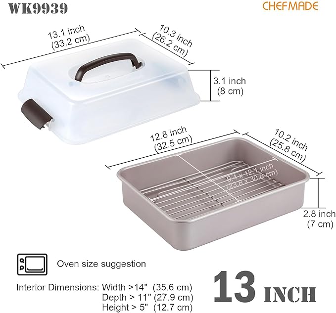 CHEFMADE Roasting Pan with Rack and Lid, 13-Inch Non-Stick Rectangular Deep Dish Oven-BBQ Bakeware for Oven Baking 9" x 13" x 2.4" (Champagne Gold)
