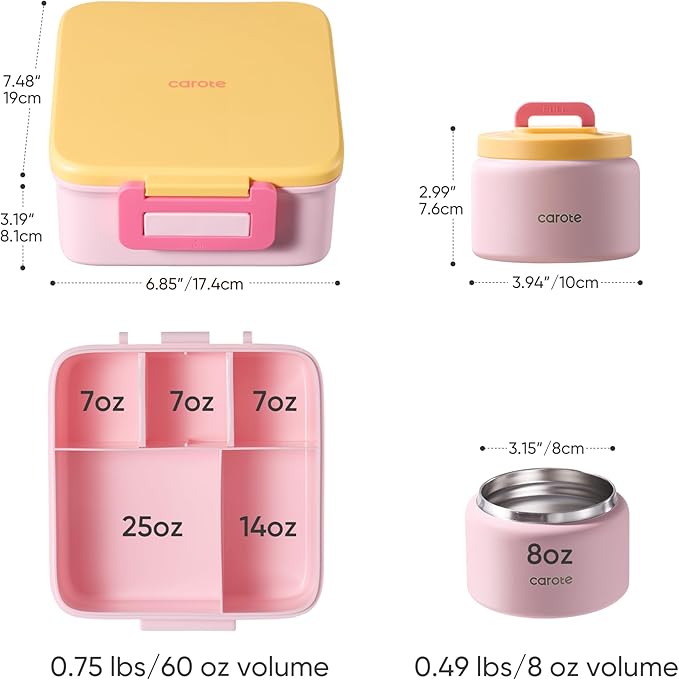 CAROTE Bento Box for Kids, Lunch Box Kids with 8oz Thermos for Hot Food, Lunch Container for Girls Boys, 3 or 5 Compartments with 2 Removable Dividers, BPA Free/Leak Proof/Dishwasher Safe