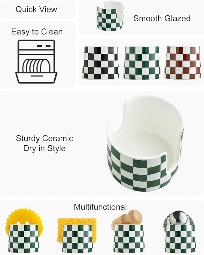 Ceramic Kitchen Sponge Holder, Dish Sponge Holder Suitable for Scrubby Farmhouse Drying Rack Brush Holder for Christmas Bathroom, Kitchen, Sink, Green and White