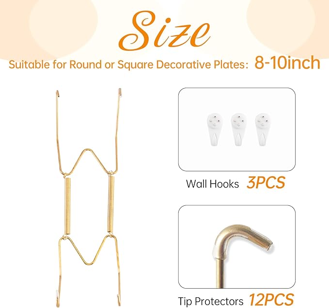 3 Pack Plate Hangers for The Wall, Suitable for 8-10 inch Art Plate, Stainless Steel Invisible Heavy Duty Wire Plate Holder with Wall Hooks, Plate Hangers for Displaying Plates, Platter, Dish, Gold