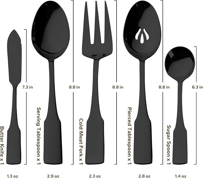 Alata Kate Black Mirror 45-Piece Silverware With Utensil-Serving Set, Service for 8, Stainless Steel Flatware, Mirror Polished Cutlery, Dishwasher Safe