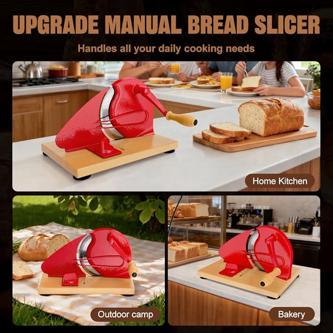 Upgrade Manual Bread Slicer for Homemade Bread, Sourdough Slicer with Hand Crank, Metal Guide Rail, Non-Slip Suction Base & Sharp Blade for Consistent Even Slices