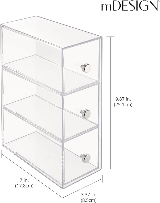 mDesign Plastic Stackable Desktop Organizer Tower Storage Station with 3 Drawers for Home Office - Holds Pens, Sticky Notes, Binder Clips, Notepads, or Gel Pens - Lumiere Collection - 2 Pack - Clear