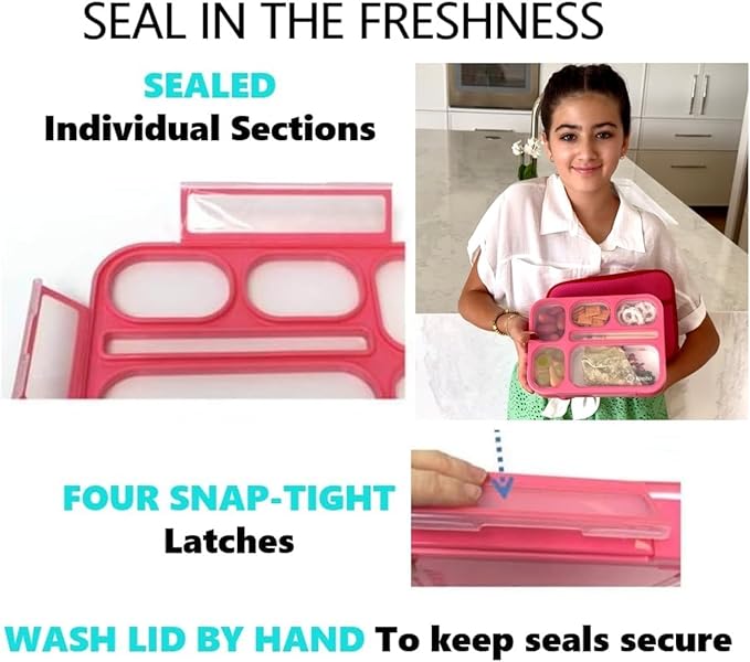 kinsho Lunch Boxes for Boys Teens Adults - Bento Box Set with Insulated Bag and Ice Pack, 6 Compartment Leak Proof Food Container, BPA-Free, Microwave Safe, Ideal for School & Work, Pink
