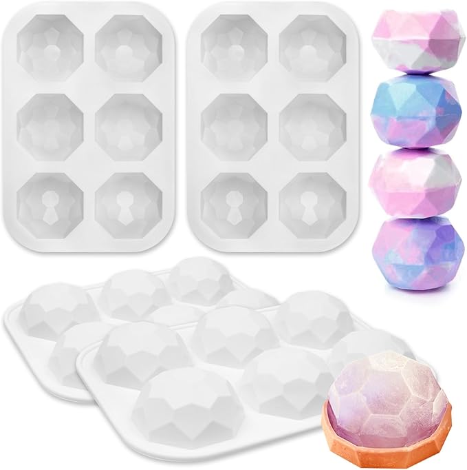 2 Pcs Diamond Ball Cake Silicone Molds, 3D Geometric Half Ball Mousse Cake Baking Molds, Silicone Pastry Chocolate Molds for Cake Decoration French Dessert Truffle Jelly Pudding (6-Cavity)
