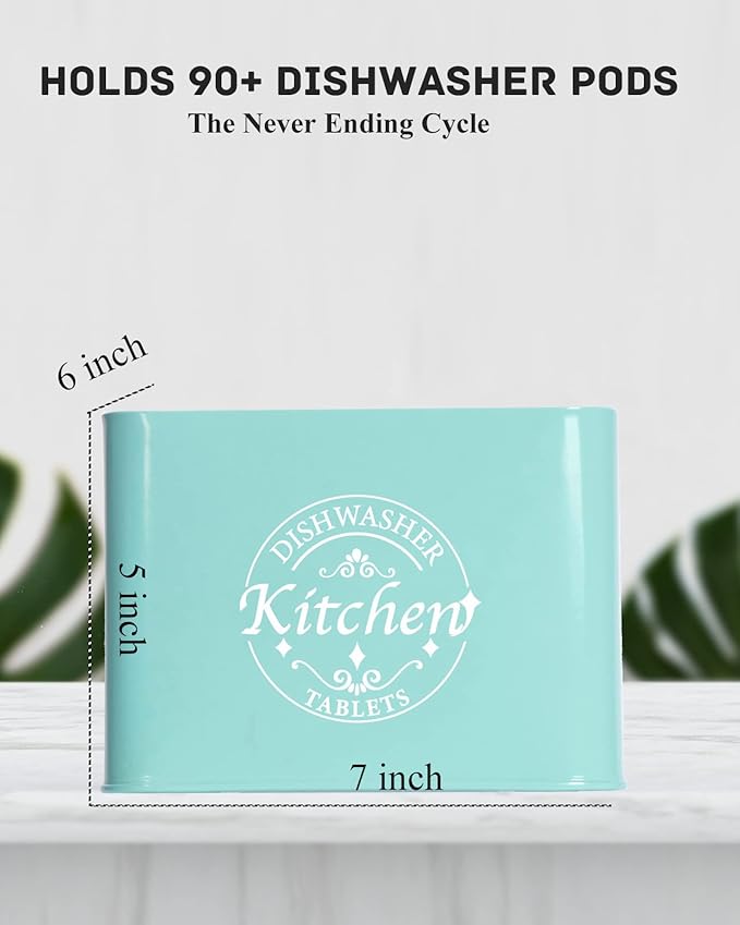 Dishwasher Pod Container with Hinged Lid. Farmhouse Metal Dishwaser Pods Holder for Kitchen Cabinet Organizer. Modern Kitchen Decor and Accessories. Dishwasher Detergent Tablet Storage (Green)