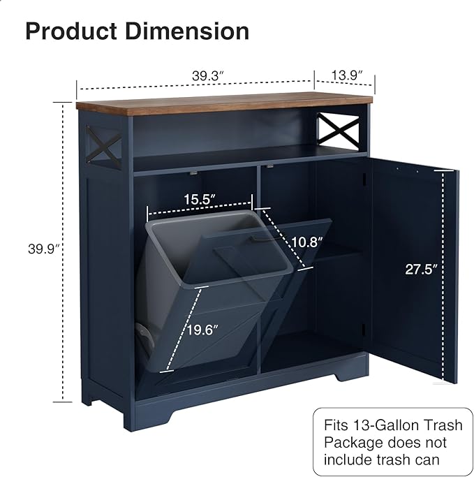 Befrases Tilt Out Trash Can Cabinet for 13 * 1 Gallon Trash Can, Farmhouse Kitchen Island Cabinet with Adjustable Shelf for Hidden Laundry Basket, Dog Proof Garbage Can for Dining Living Room, Blue