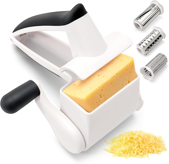 Cheese Grater with Hand Crank - 3 Adjustable Grating Drums for Parmesan & Hard Cheeses - Shatter-Resistant & Easy to Clean