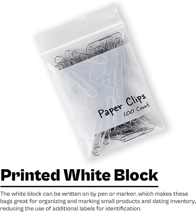 PSBM 500 Count 4 Mil 12 Inch x 15 Inch, White Block Reclosable Poly Bags, With Write-On Block, Clear Zip Plastic Bag, Lock Seal Zipper For Packing, Storing, Organizing & Shipping Products