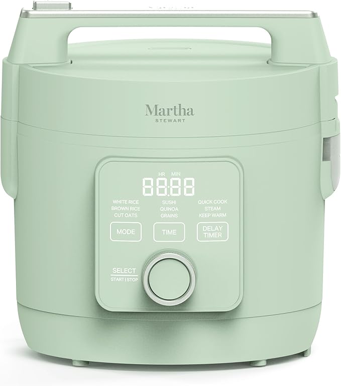 Martha Stewart Rice Cooker, 4 Cup (Uncooked) / 8 Cup (Cooked), Ceramic Non-Stick Removable Pot, Keep Warm, Measure Markings, Steam Basket, Brown & Sushi Rice, Quick Cook, Quinoa, Grains, Oats, Honeydew Green