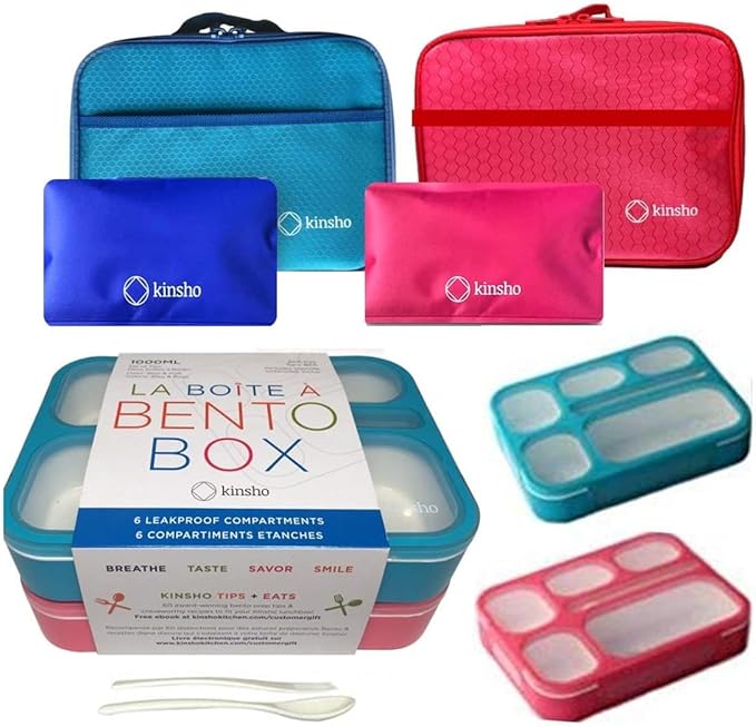 kinsho Lunch Boxes for Kids Boys Girls - Bento Box Set of 2, with Insulated Bag & Ice Pack, 6 Compartment Leak Proof Container, BPA-Free, Microwave Safe, Ideal for School & Work, Blue & Pink