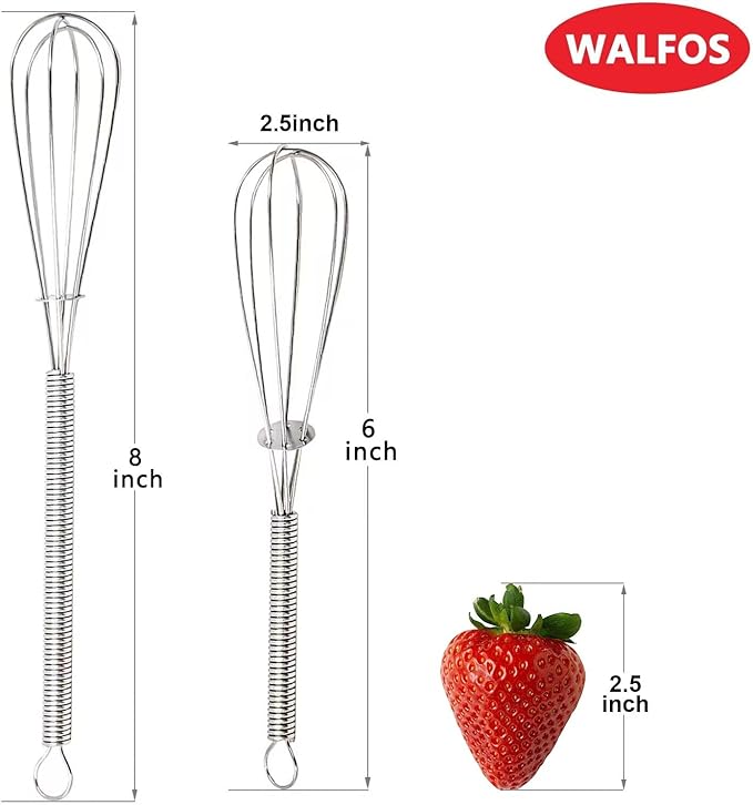 Walfos Mini Whisk,Non-Rust Whisk,304 Stainless steel Small Whisk.Heat Resistant 450℉.6+8Inch Tiny whisk Nice for Whisking, Blending Ingredients, Beating, Mixing Sauces (Silver)