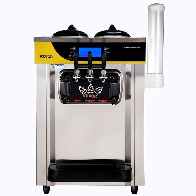 VEVOR Commercial Ice Cream Maker, 22-30L/H Yield, Countertop Soft Serve Machine with 2x6L Hopper 2L Cylinder LCD Panel Puffing Shortage Alarm, Frozen Yogurt Maker for Restaurant Snack Bar, Silve