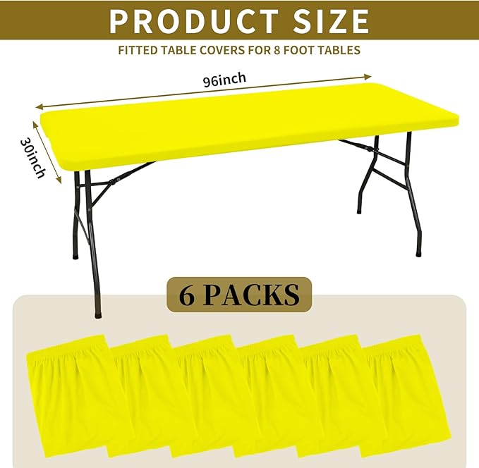 6 Pack Fitted Tablecloth for 8 Foot Rectangle Tables, Yellow Elastic Outdoor Picnic Table Cover, Washable Stretch Folding Table Cloths 8 ft for Camping Party Patio Kitchen Banquet, 30" W x 96" L