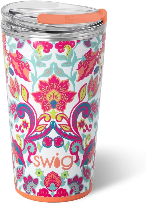 Swig Life 24oz Party Cup, Stackable Insulated Travel Coffee Tumbler with EZ Slider Lid, Cup Holder Friendly, Stainless Steel 24 oz Tumbler, Reusable Coffee Mug (Flourish)