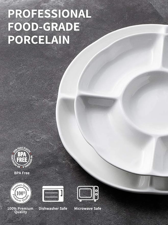 LAUCHUH Veggie Tray Set of 2, Porcelain Chip & Dip Serving Set Divided Serving Platter White Serving Tray for Party, Fruits, Veggies, Candy, Snack, Dessert, 12 inch