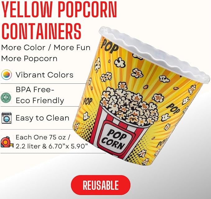 Modern Style Reusable Plastic Popcorn Box/Popcorn Containers/Popcorn Bowls Set for Movie Theater Night - (BPA Free - 6 Pack-75 oz) (6, MIX)