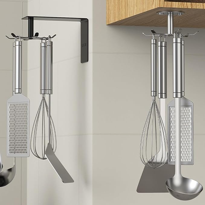 SUPVOX Rotatable 6-Prong Kitchen Utensil Hooks Stainless Steel 304 Under Cabinet Hanging Holder Heavy Duty Hanging Utensil Organizer for Kitchen Storage