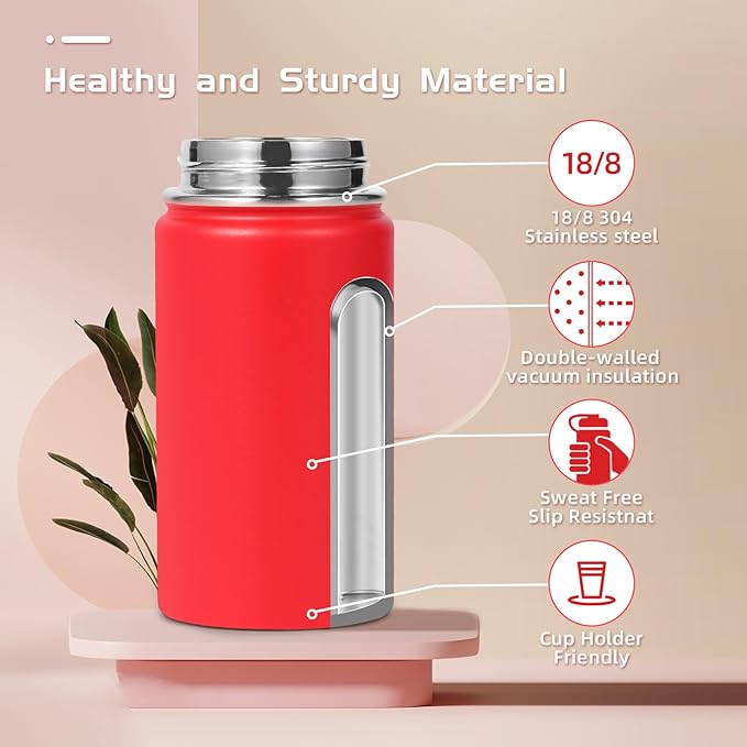 Volhoply 14oz KIds Stainless Steel Insulated Leakproof Water Bottle with Straw Lid and Silicone Boot,BPA-Free Easy Use for Boys&Girls,Double Wall Vacuum Bottles(Red,1)