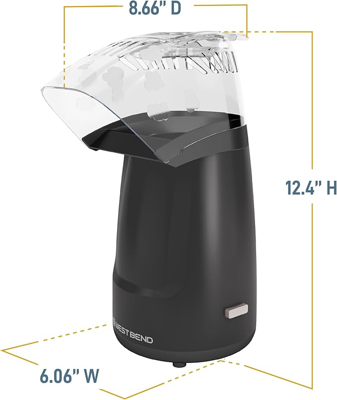 West Bend Air Crazy Hot Air Popcorn Popper Machine 4-Quart Oil-Free Popping for Healthier Snacks Dual-Purpose Measuring and Butter Cup On/Off Switch Compact Design, in Black