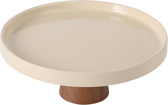 Gibson Elite 10.7-Inch Stoneware Cake Stand with Acacia Wood Base – Taupe Round Dessert Display Stand for Cakes, Cupcakes & Party Entertaining