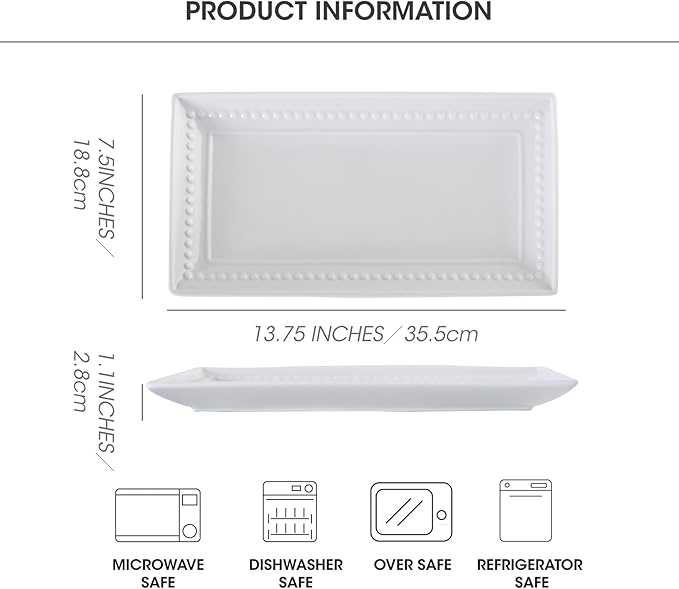 14 inch Ceramic Serving Platter - Rectangular Serving Trays Set of 4, Large Embossed Plates, Porcelain White Platters for Steak, Appetizer, Dessert, Tacos, Housewarming, Oven Dishwasher Safe